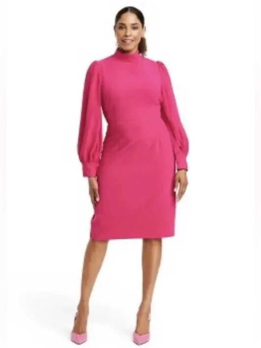 High-Neck Fuchsia Long Sleeve Midi Dress